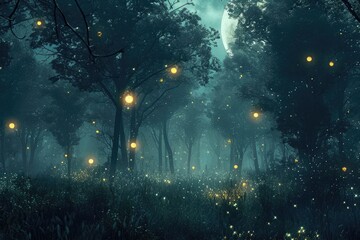 Obraz na płótnie Canvas A forest filled with numerous yellow lights, casting a serene glow on the trees and foliage, Dark forest bathed in moonlight, decorated with magical glowing orbs, AI Generated
