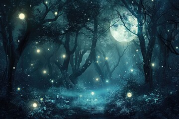 A mesmerizing forest filled with numerous trees engulfed by glowing fireflies, Dark forest bathed in moonlight, decorated with magical glowing orbs, AI Generated