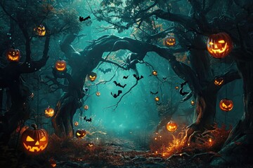 A forest landscape with an abundance of pumpkins scattered throughout, providing a colorful and lively atmosphere, Dark forest filled with jack-o-lanterns and hanging bats, AI Generated - obrazy, fototapety, plakaty