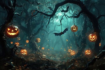 A dense forest filled with an abundance of pumpkins and bats creating an eerie atmosphere, Dark forest filled with jack-o-lanterns and hanging bats, AI Generated - obrazy, fototapety, plakaty