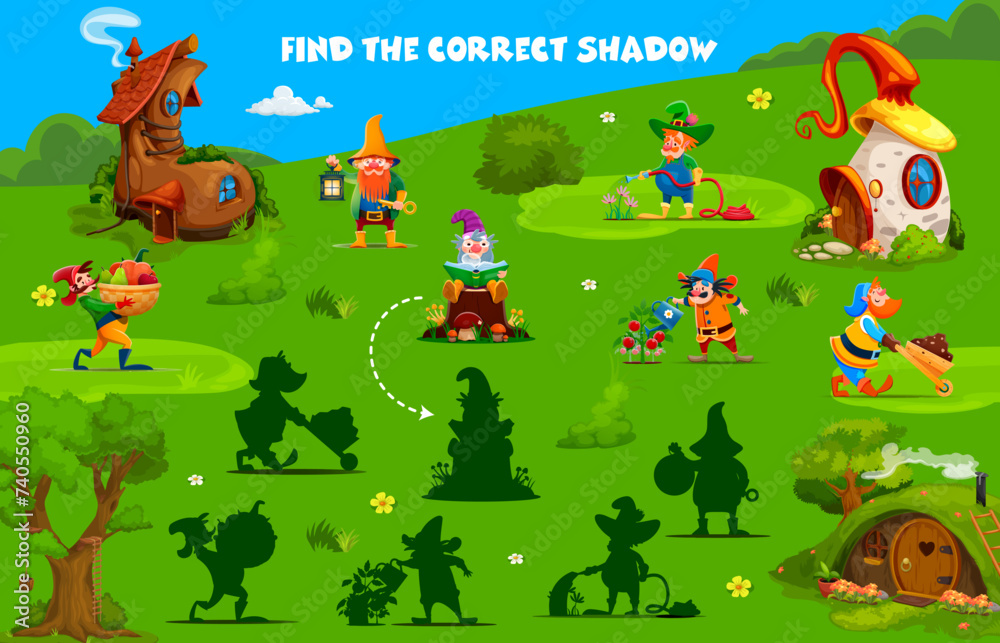 Poster Find the correct shadow of cartoon garden gnome and dwarf characters in fairytale village. Kids vector matching game worksheet, children logic activity, educational riddle for logical mind development