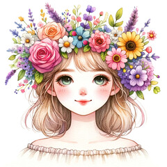 Spring Beauty: Portrait of a Girl with Flowers in Hair Watercolor Clipart