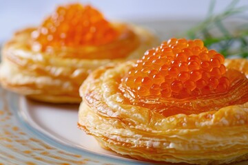 A close-up photograph capturing a beautifully presented plate of food on a table, Delicate puff pastry with golden caviar topping, AI Generated