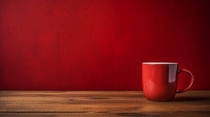 Red coffee cup on wooden table over red grunge background - Powered by Adobe