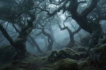 A misty forest filled with a multitude of tall trees enveloped in thick fog, Dense fog covering an ancient woodland, AI Generated