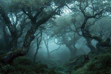 A densely populated forest with numerous trees completely covered in a thick fog, Dense fog covering an ancient woodland, AI Generated