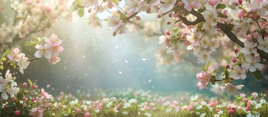 The suns rays filter through the cherry blossom trees branches, creating a picturesque natural landscape with a serene ambiance