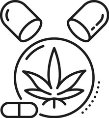 Cannabis capsule line icon of medical marijuana or CBD weed extract pills, vector symbol. Medical cannabis or marijuana capsules for mental health, relaxation and depression treatment in line icon