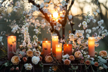A serene setting of lit candles surrounded by flowers basking in the warm glow of a sunset.