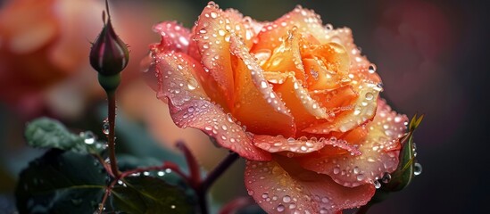 Closeup image of a rose covered in dew drops, showcasing the beauty of the flower petals glistening with moisture