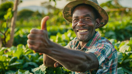 A happy farmer in a plaid shirt and overalls gives a thumbs up in his lush vegetable garden at sunset. - obrazy, fototapety, plakaty