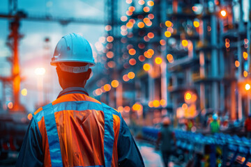 The Engineer worker stands before the glowing lights of an industrial plant at twilight.