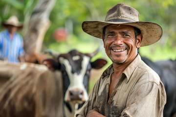 Fototapeta premium A contented farmer wearing a hat smiles in front of his cattle in a lush, tropical environment.
