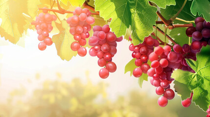 Ripe grape clusters hang from vineyard vines, bathed in the warm glow of the setting sun.