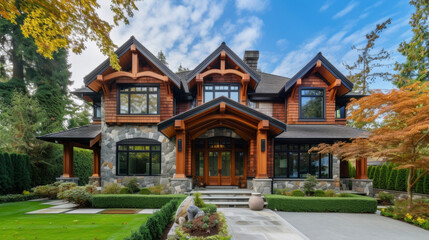 A beacon of artis design this Craftsman house showcases stunning handcarved wood details and a striking stone exterior making it a standout in its elegant neighborhood. - obrazy, fototapety, plakaty