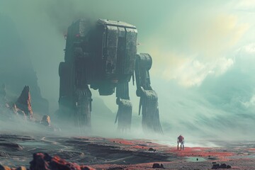 A man stands confidently in front of a colossal robotic figure, towering over the city plaza, Desolate landscape with a lone robot exploring, AI Generated
