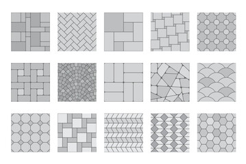 Pavement top view patterns, street grey cobblestone or garden sidewalk tiles, seamless vector. Gray stone and bricks pavement pattern of ground floor, mosaic backgrounds with geometric cubic texture