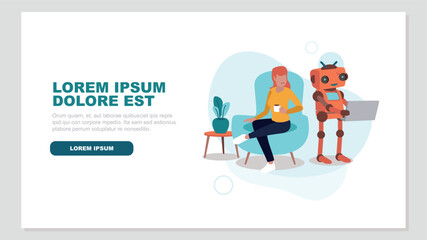 Eine Person sitzt entspannt auf dem Sofa, während ein Roboter mit künstlicher Intelligenz an einem Laptop arbeitet - Konzept der künstlichen Intelligenz