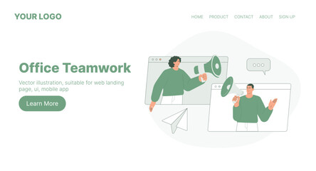Office Teamwork. Web Landing Page Design. Flat Cartoon Vector Illustration. Vector illustration, suitable for web landing page, ui, mobile app.
