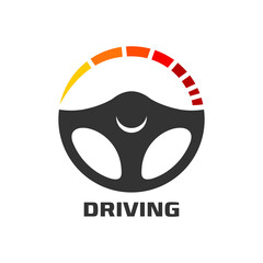 Drive steering wheel icon. Tech and safe drive, driving school and electric car symbol of control and navigation. Isolated vector emblem reflects precision, automotive expertise and driving with style