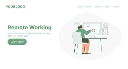 Remote Working. Web Landing Page Design. Flat Cartoon Vector Illustration. Vector illustration, suitable for web landing page, ui, mobile app.