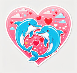 Obraz premium pink heart sticker with two dolphins, clouds, and hearts.