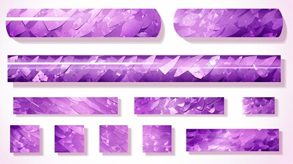 Obraz premium Shiny purple crumpled stickers. Cool set of metallic holographic sticky tape shapes isolated on white background. Holo glitter stripes or snips