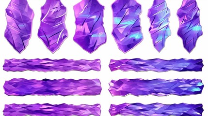 Shiny purple crumpled stickers. Cool set of metallic holographic sticky tape shapes isolated on white background. Holo glitter stripes or snips