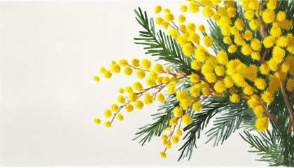 Oil painting of mimosa on pure white background canvas, copyspace on a side - obrazy, fototapety, plakaty