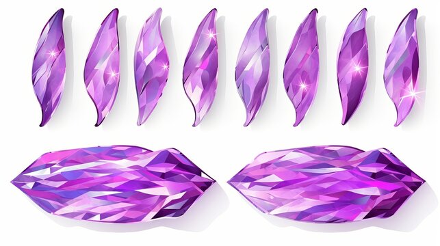 Shiny purple crumpled stickers. Cool set of metallic holographic sticky tape shapes isolated on white background. Holo glitter stripes or snips
