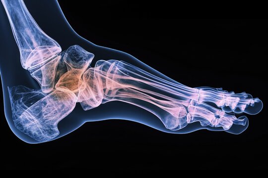 This x-ray image provides a detailed view of a human foot, with the bones clearly exposed, Detailed 3D X-ray view of the human foot, AI Generated