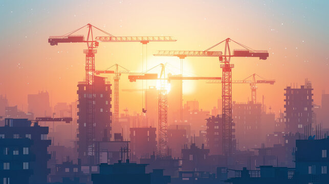 Illustration of a construction site skyline with multiple cranes against a sunset backdrop, casting a warm glow over the urban landscape.