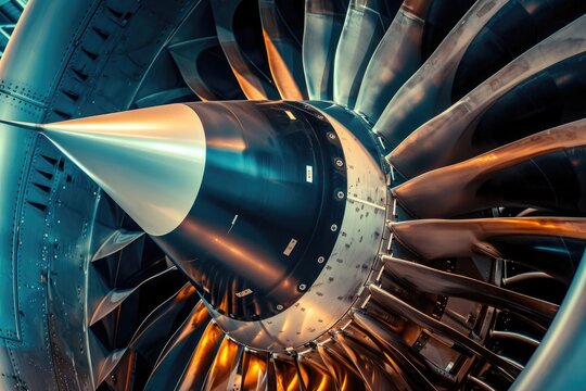 This close-up photograph captures the intricate details of a jet engine, showcasing the blades and the powerful exhaust system, Detailed closeup of a modern fighter jet engine, AI Generated