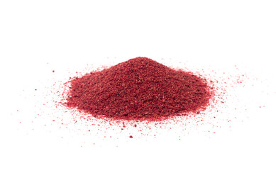 Sumac Powder Isolated, Red Sumach Ground Seasoning, Dry Sumak, Crushed Typhina Seeds