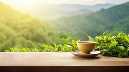 Tea cup with organic green tea leaf on the wooden table and the tea plantations background - obrazy, fototapety, plakaty