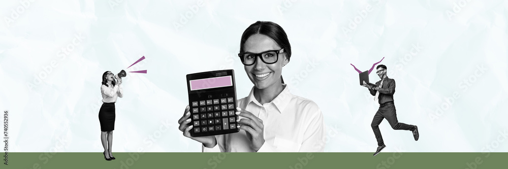 Poster creative collage image of black white effect people communicate loudspeaker use laptop hold calculat