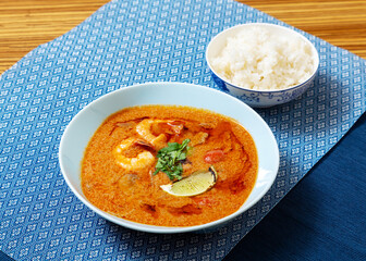 Seafood tom yum soup with rice. Asia food.