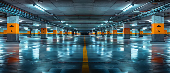 Empty modern underground parking lot illuminated with cool blue and warm orange lights, showing painted directional arrows and parking spot lines on a shiny reflective floor.