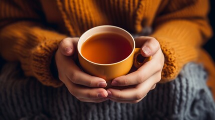 Woman holding hot cup of tea