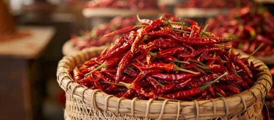 Fototapeta premium Fresh vibrant red peppers in a rustic basket on a wooden table in natural light