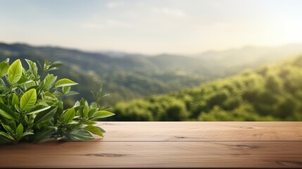 Wooden table top with blurry tea plantation landscape against blue sky and blurred green leave frame Product Display stand natural background concept - obrazy, fototapety, plakaty