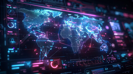 Fototapeta na wymiar Futuristic control panel with a high-resolution digital map of the world, highlighting global connectivity and advanced data exchange technology with glowing interactive interfaces.