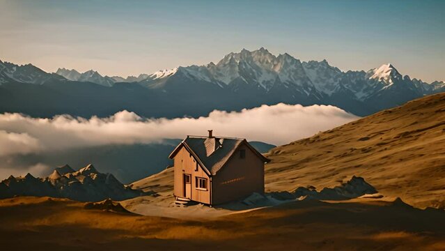 Small house in center of vast field, mountains towering in background. Scene captures isolation and beauty of rural living