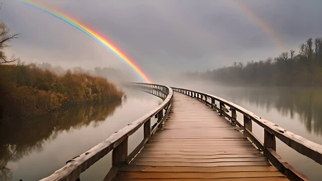 Wooden bridge spans river with vibrant rainbow in background, creating striking visual contrast between man-made and natural elements