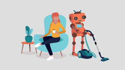 Ein Mensch entspannt sich in einem Sessel, während ein Roboter das Haus putzt - Konzept der künstlichen Intelligenz