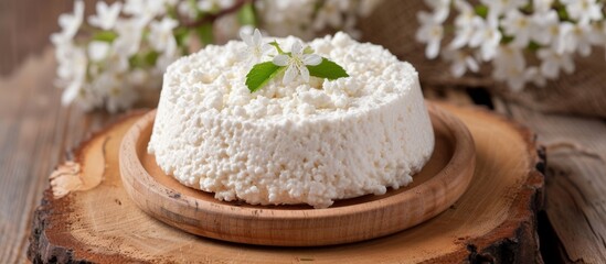 A serving of cottage cheese placed on a rustic wooden plate atop a wooden table, showcasing a wholesome and natural ingredient for various dishes and recipes