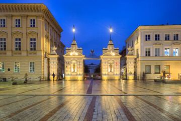 Beautiful architecture of the Royal Route with Christmas illuminations in Warsaw. Poland