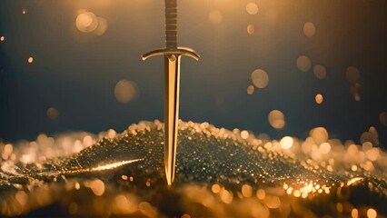 Elegant sword stands embedded in mound of glittering gold coins, evoking tales of fantasy and treasure