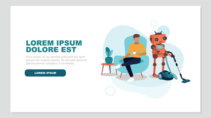 Ein Mensch entspannt sich in einem Sessel, während ein Roboter das Haus putzt - Konzept der künstlichen Intelligenz