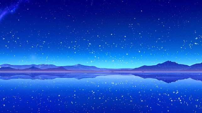 A surreal salt flat creating a mirror effect under a clear sky. Fantasy landscape anime or cartoon style, seamless looping 4k time-lapse virtual video animation background